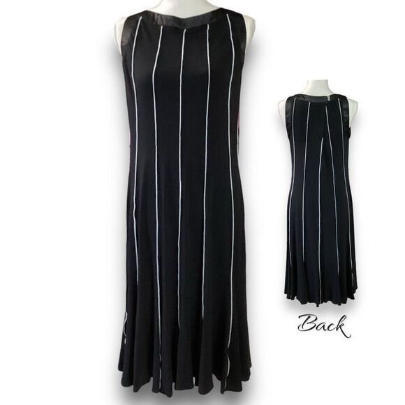 Sandra Darren Black with White Pinstripes Below the Knee Flowing Stretchy Dress - Picture 9 of 9